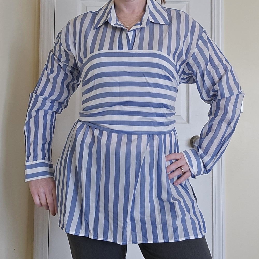 Lewit Designer Luxury Cotton Blue Striped Tie Waist Women's Blouse Medium - Picture 3 of 12